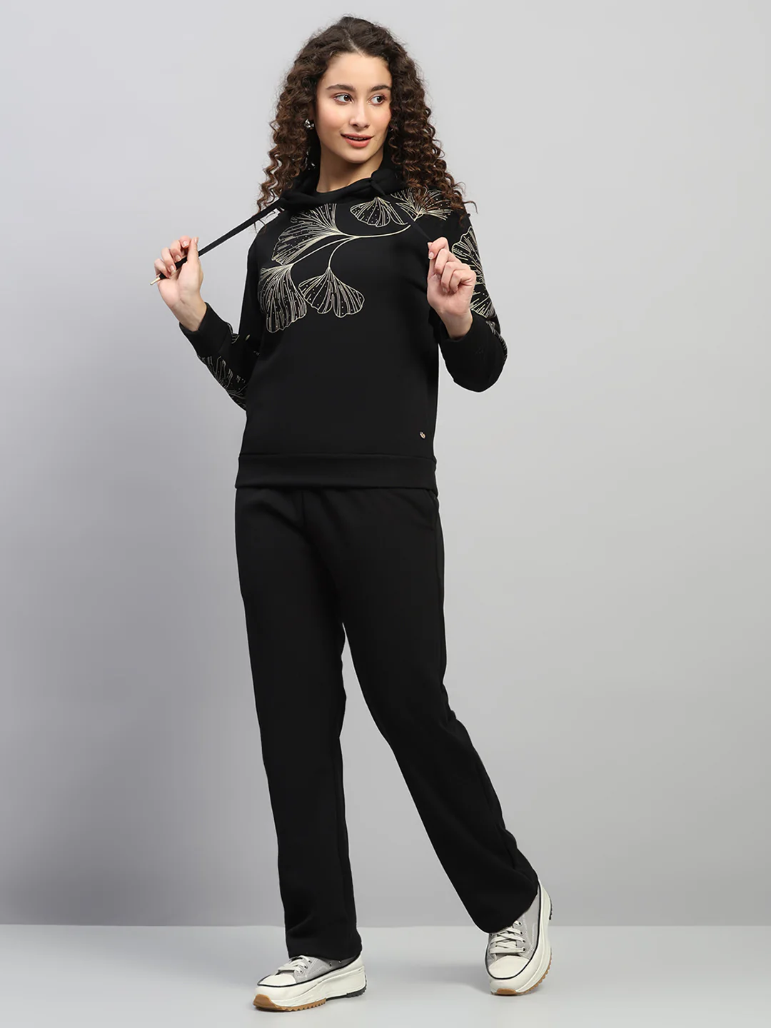 Women Black Printed Hooded Full Sleeve Winter Tracksuit - Image 3