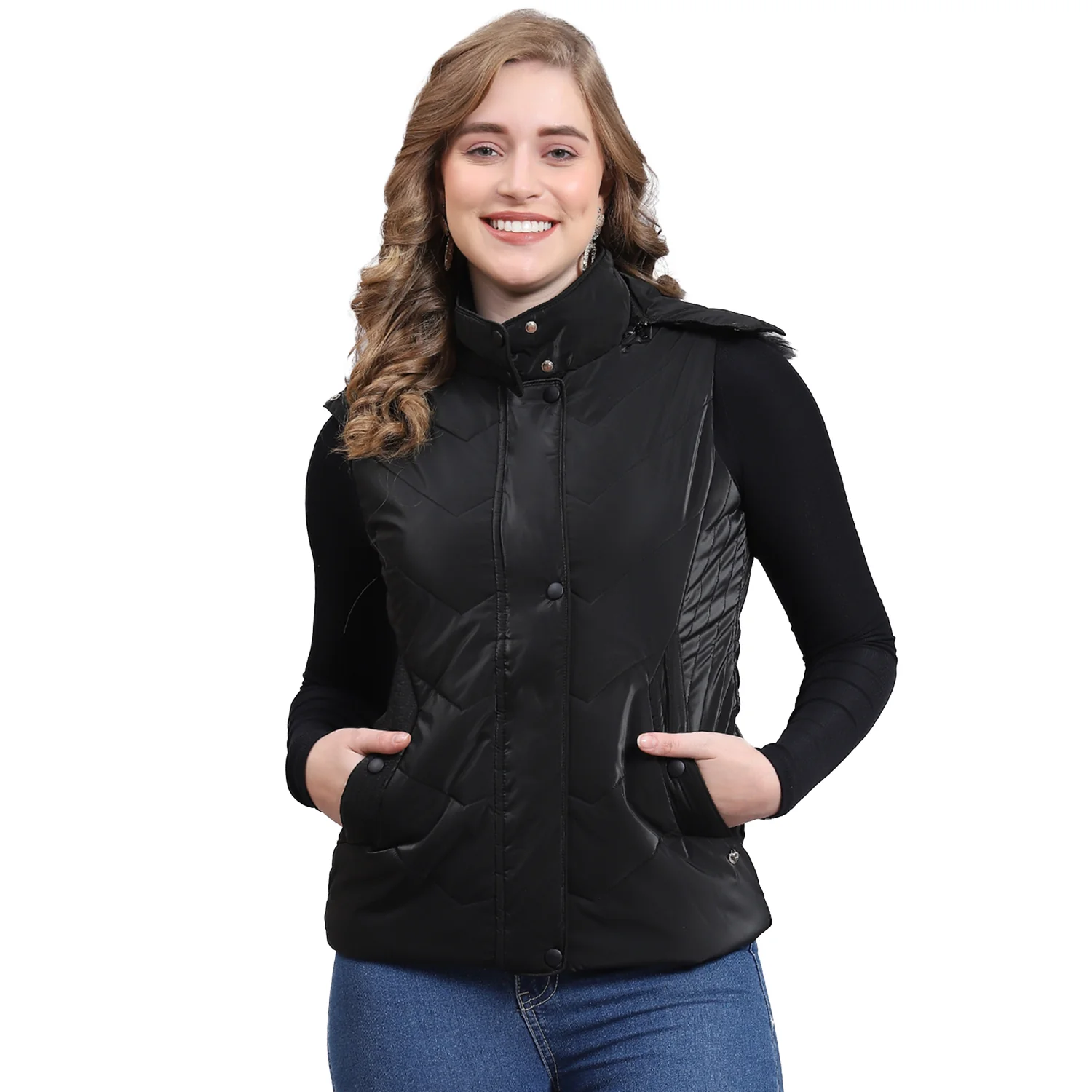 Women Black Printed Hooded Sleeveless Jacket - Image 5