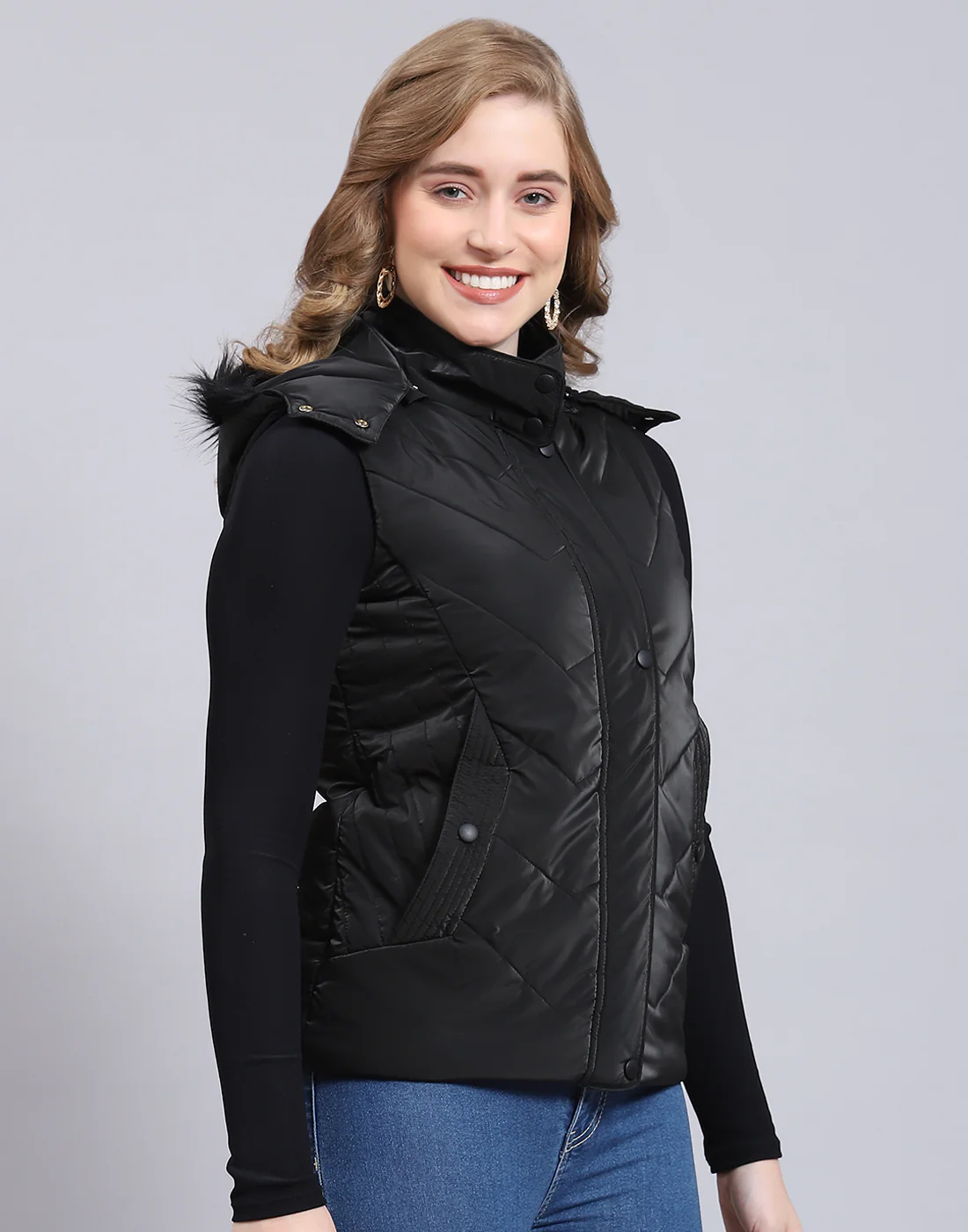 Women Black Printed Hooded Sleeveless Jacket - Image 6