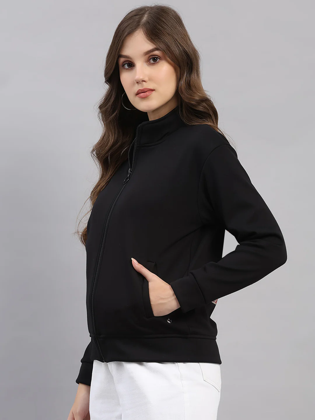Women Black Printed Mandarin Neck Full Sleeve Sweatshirt - Image 3