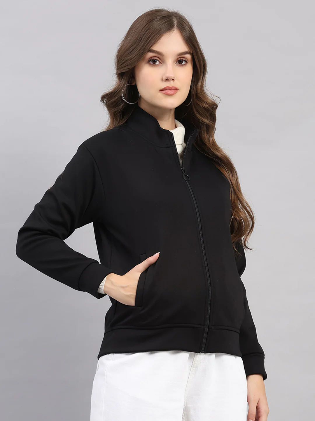Women Black Printed Mandarin Neck Full Sleeve Sweatshirt - Image 4
