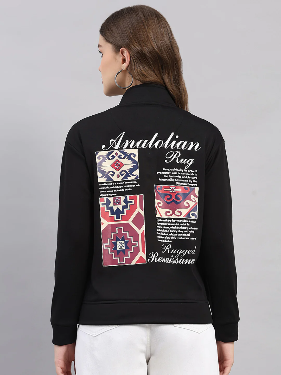 Women Black Printed Mandarin Neck Full Sleeve Sweatshirt - Image 5