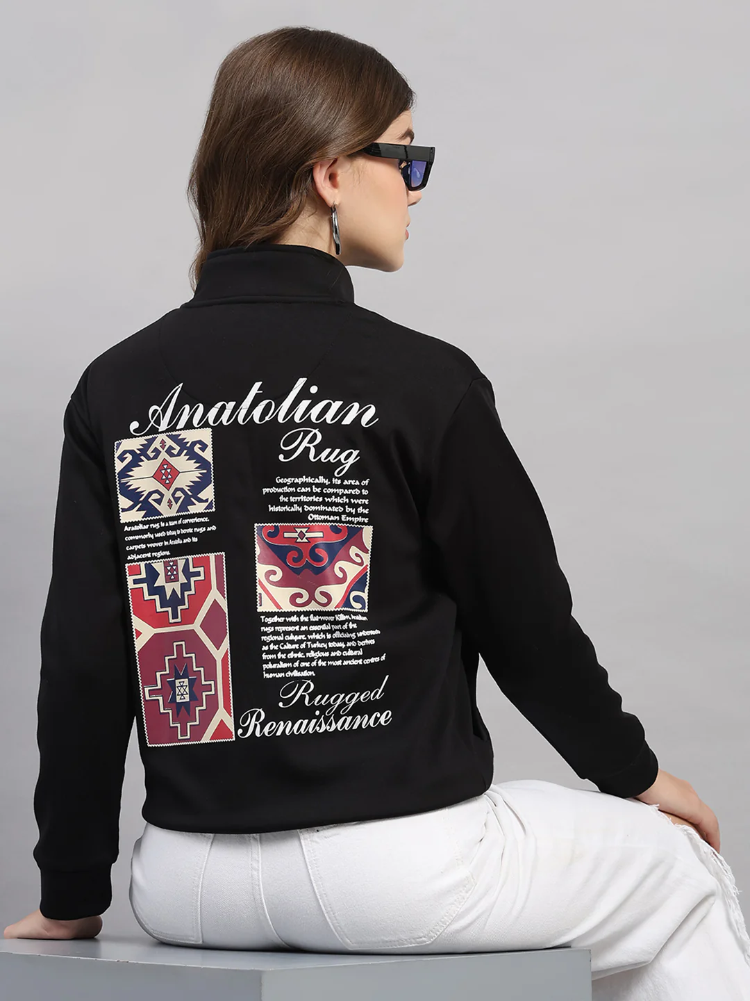 Women Black Printed Mandarin Neck Full Sleeve Sweatshirt - Image 6