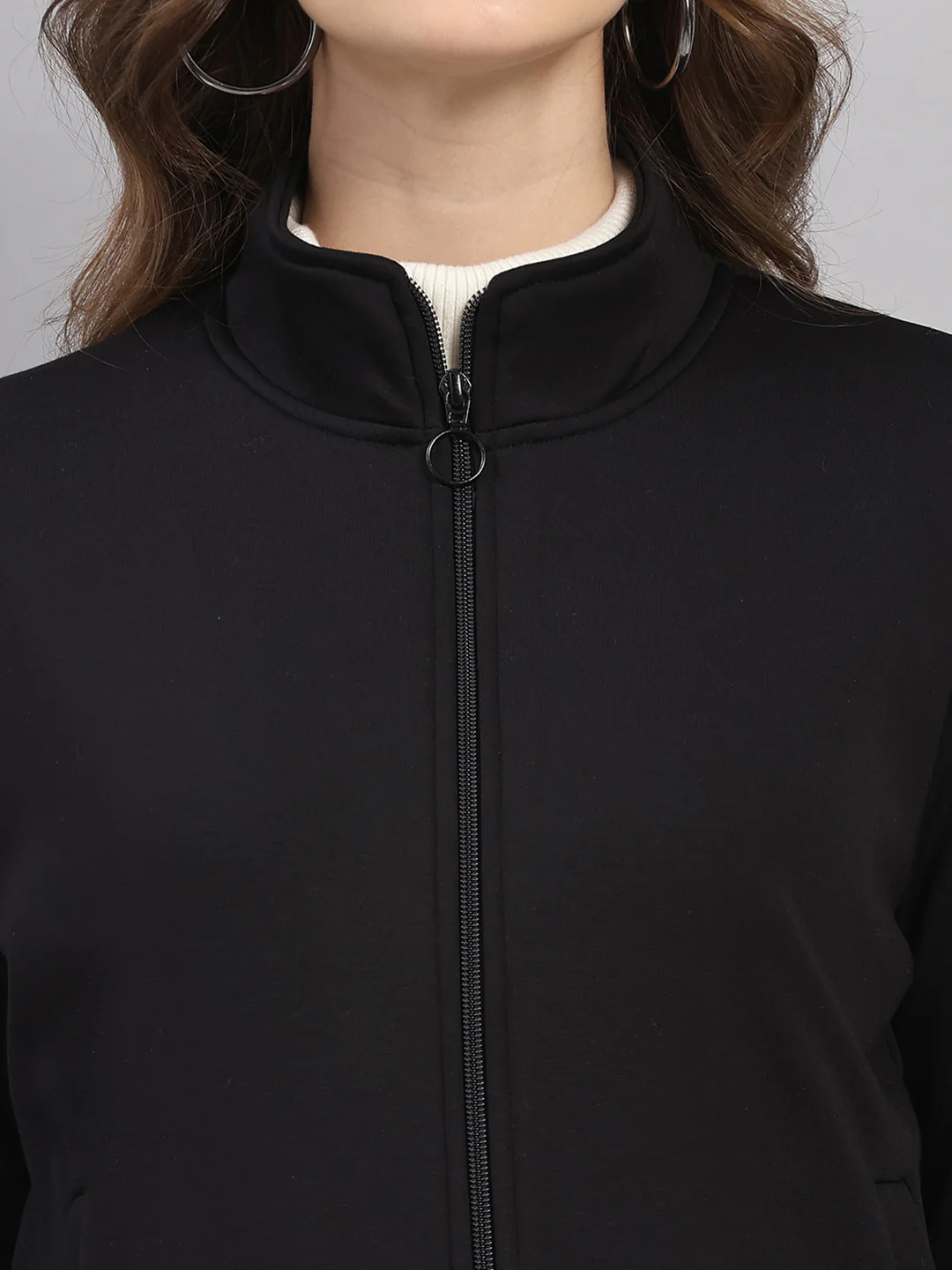 Women Black Printed Mandarin Neck Full Sleeve Sweatshirt - Image 7