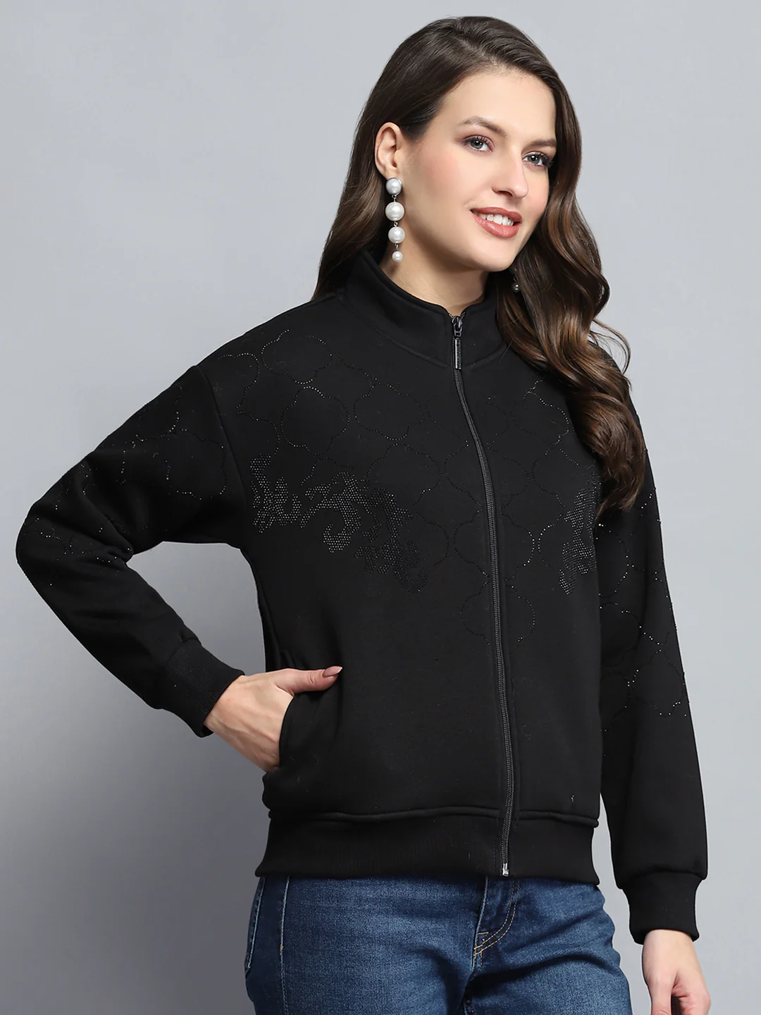 Women Black Printed Mock Neck Full Sleeve Sweatshirt - Image 4
