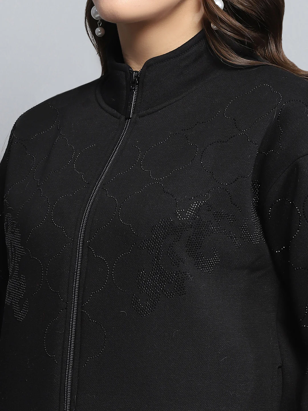 Women Black Printed Mock Neck Full Sleeve Sweatshirt - Image 7