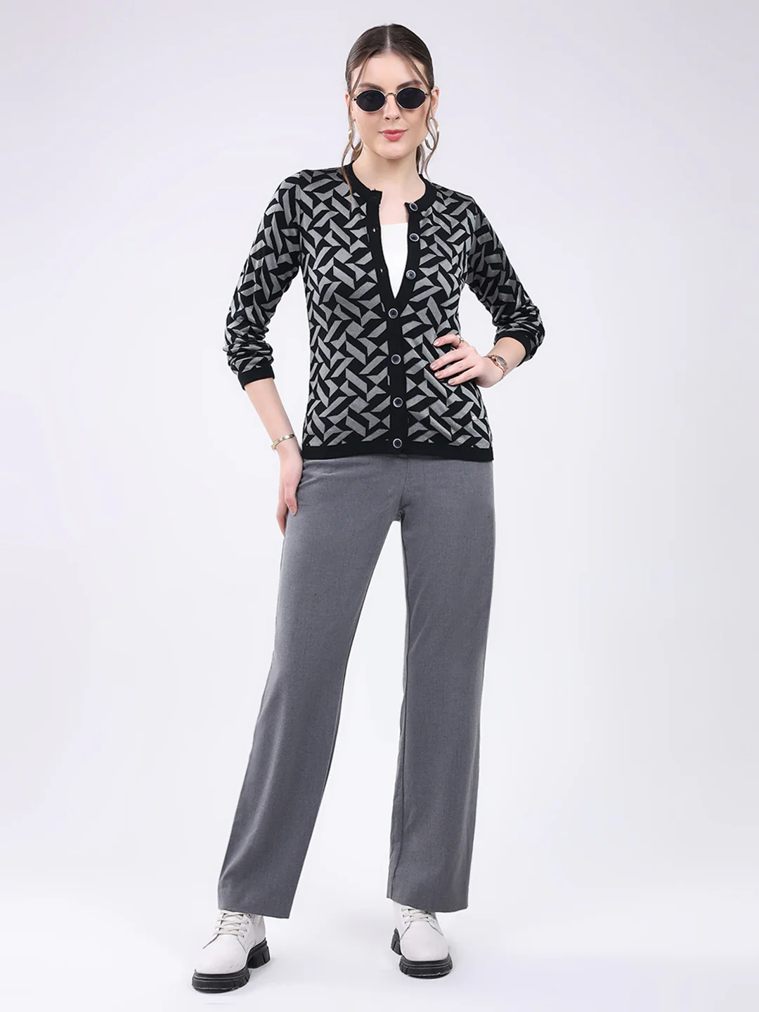 Women Black Printed Round Neck Full Sleeve Cardigan - Image 2