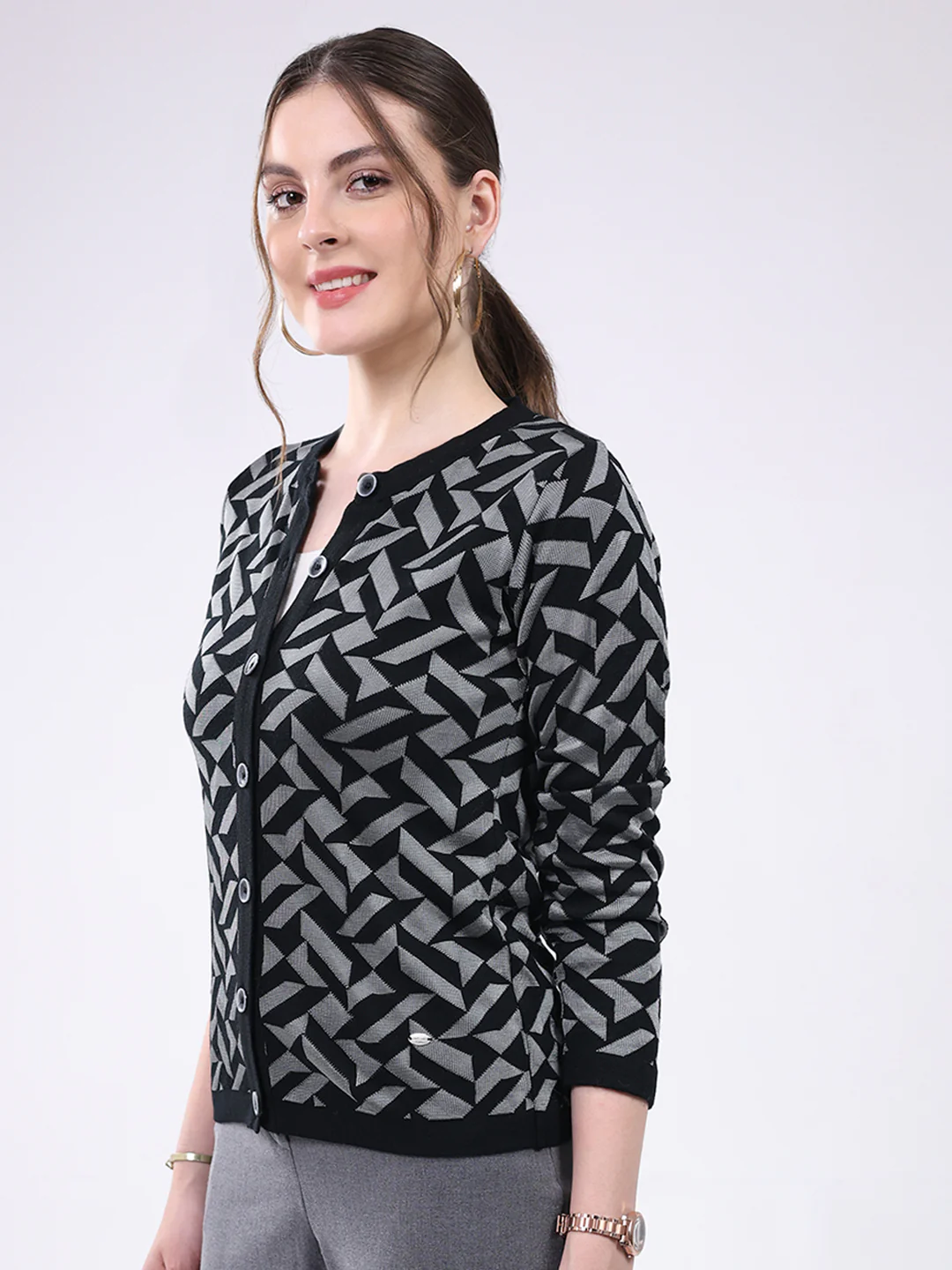 Women Black Printed Round Neck Full Sleeve Cardigan - Image 3