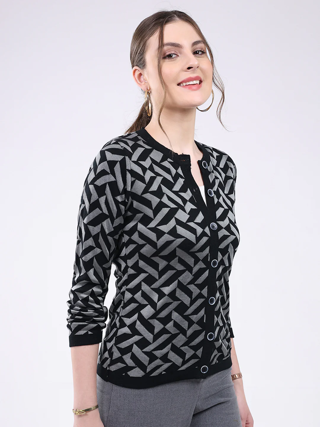 Women Black Printed Round Neck Full Sleeve Cardigan - Image 4