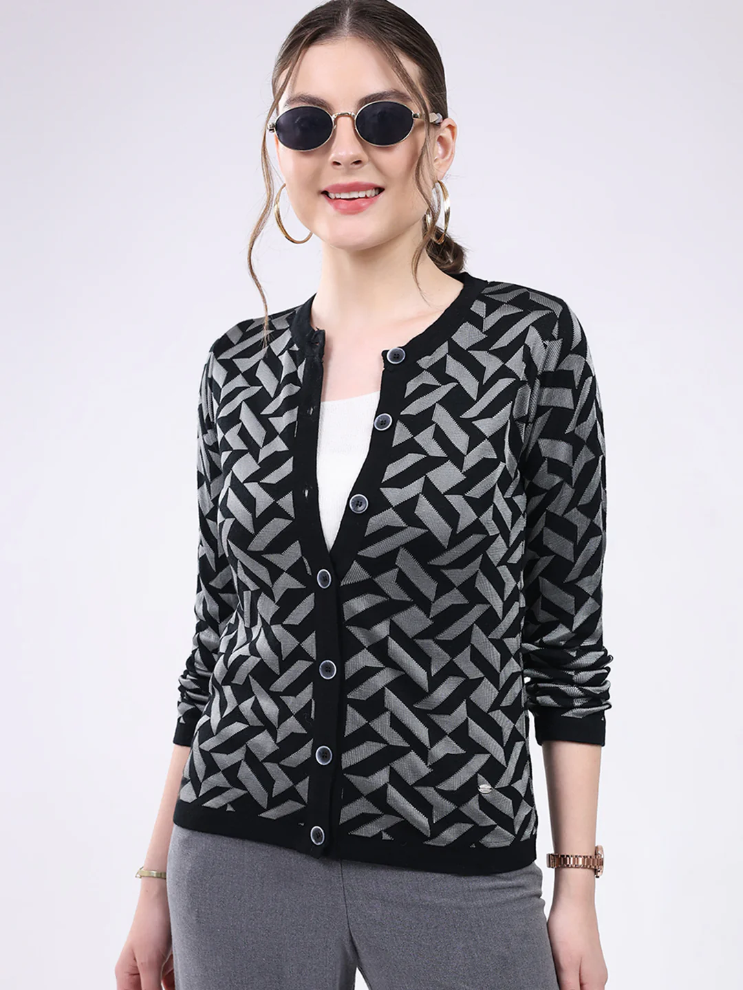 Women Black Printed Round Neck Full Sleeve Cardigan - Image 6