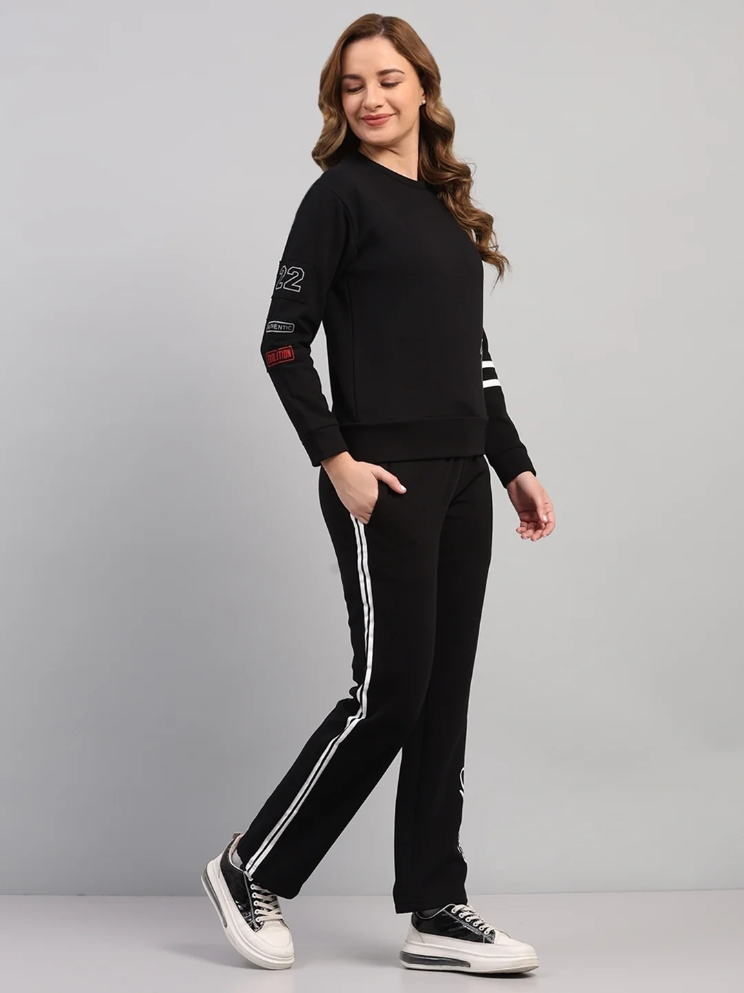 Women Black Printed Round Neck Full Sleeve Cords Set - Image 6