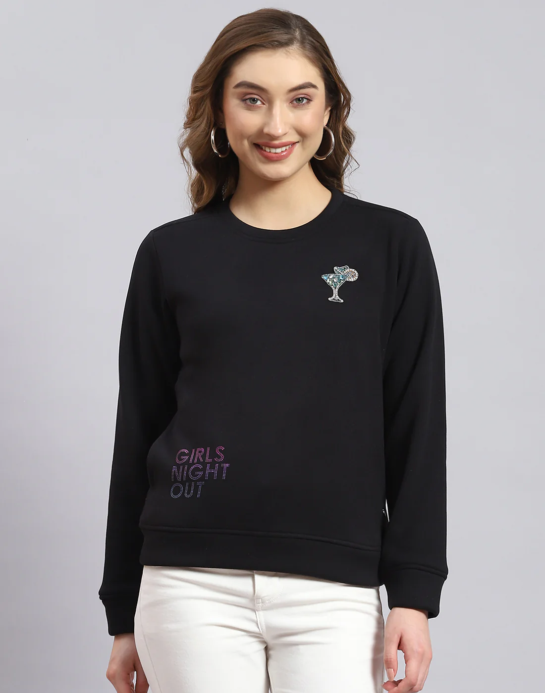 Women Black Printed Round Neck Full Sleeve Sweatshirt - Image 3