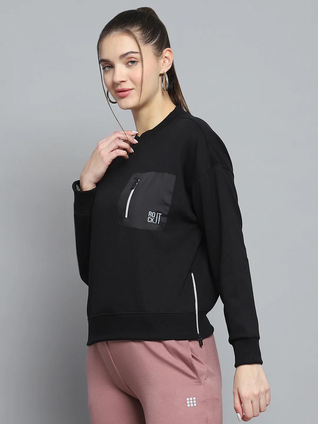 Rock.it Women Black Printed Round Neck Full Sleeve Sweatshirt - Image 3