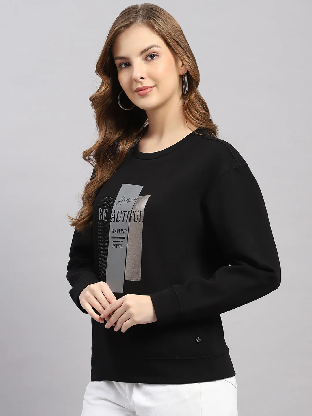 Women Black Printed Round Neck Full Sleeve Sweatshirt - Image 3