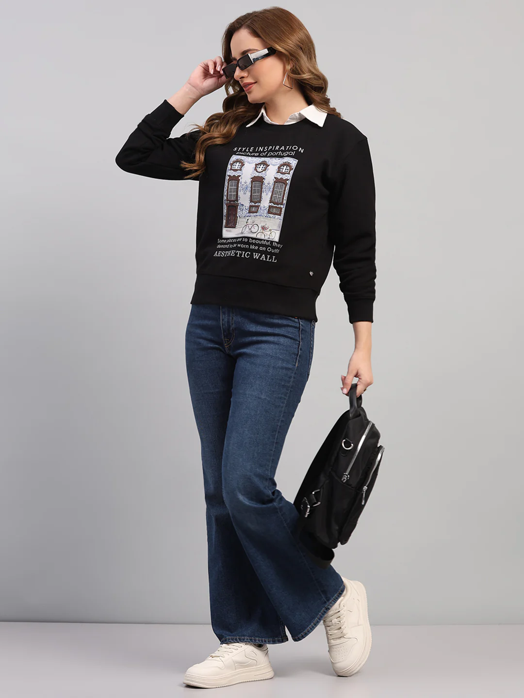 Women Black Printed Round Neck Full Sleeve Sweatshirt - Image 2