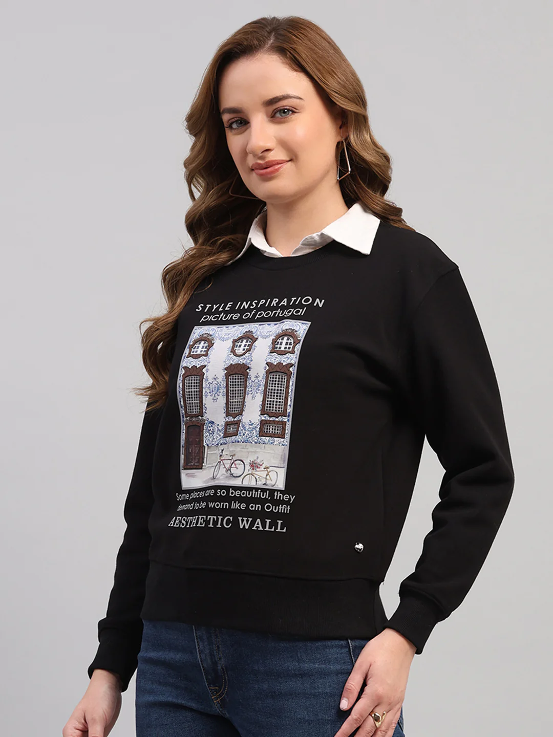 Women Black Printed Round Neck Full Sleeve Sweatshirt - Image 3