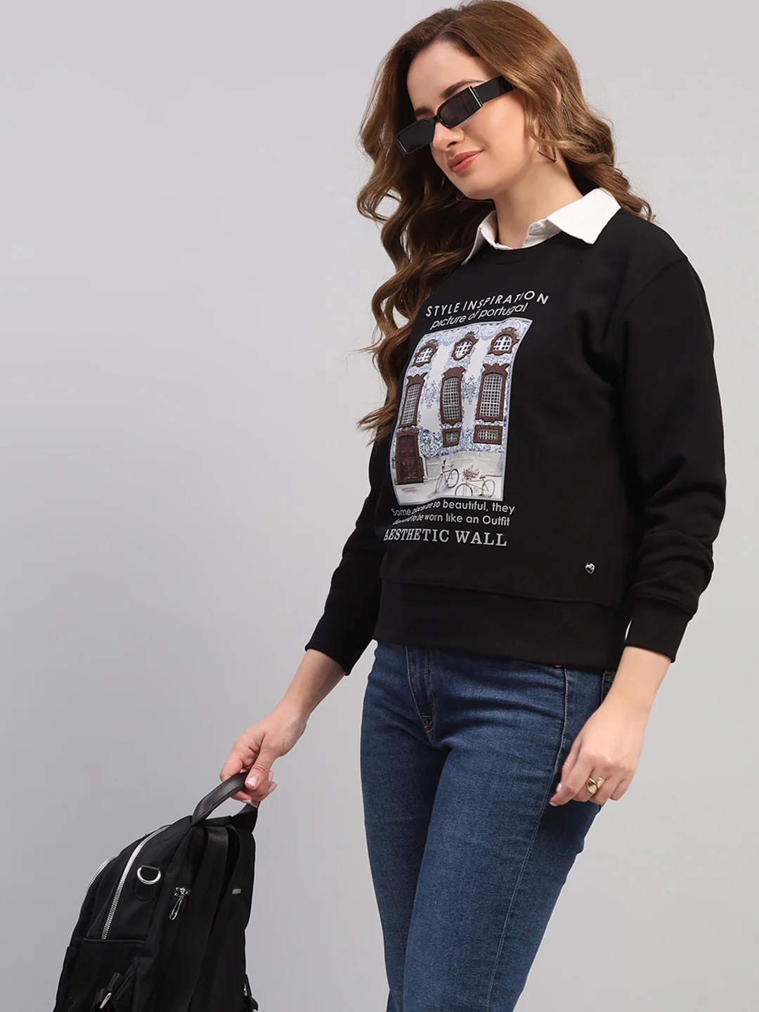 Women Black Printed Round Neck Full Sleeve Sweatshirt - Image 6