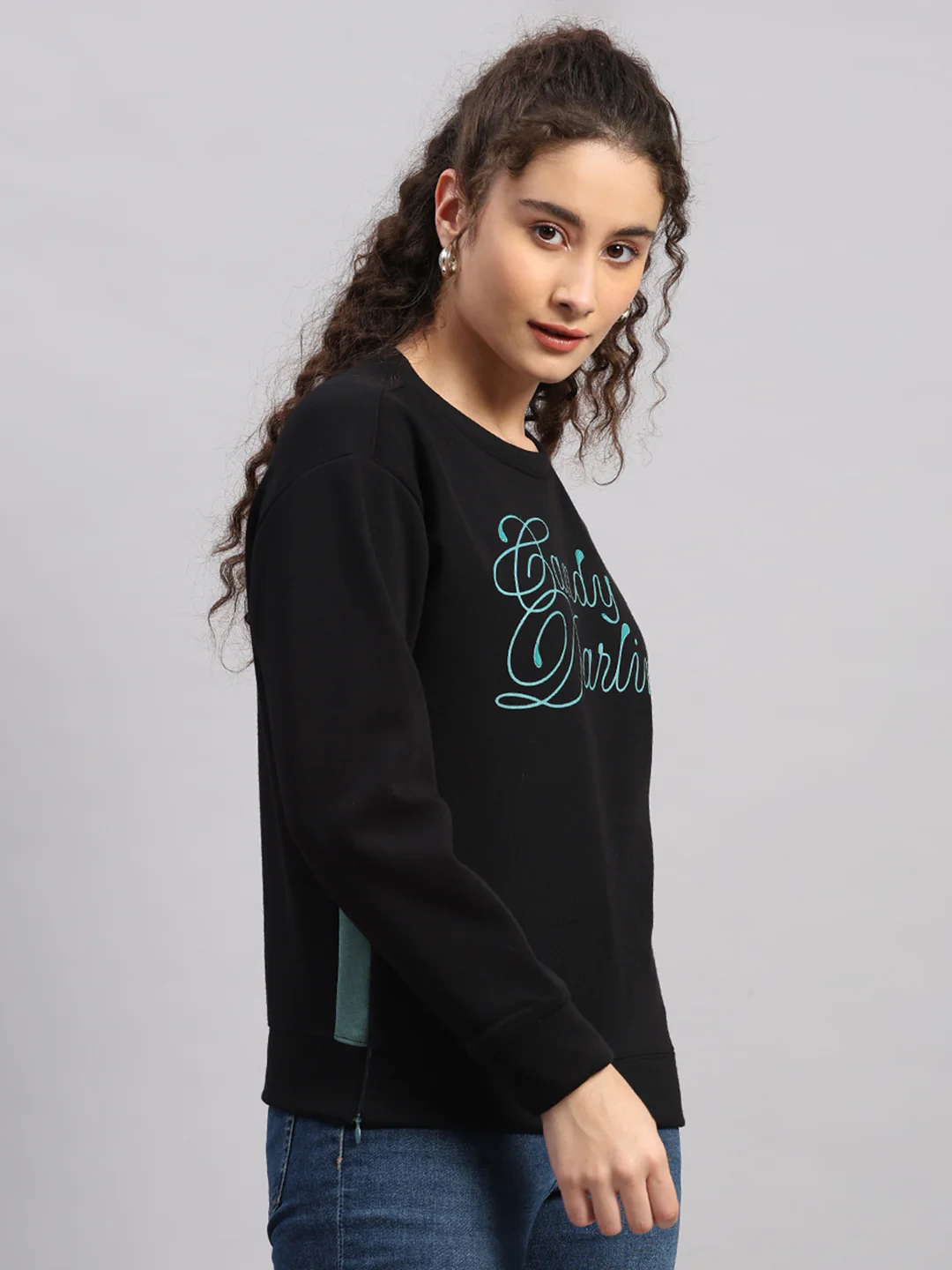 Women Black Printed Round Neck Full Sleeve Sweatshirt - Image 4
