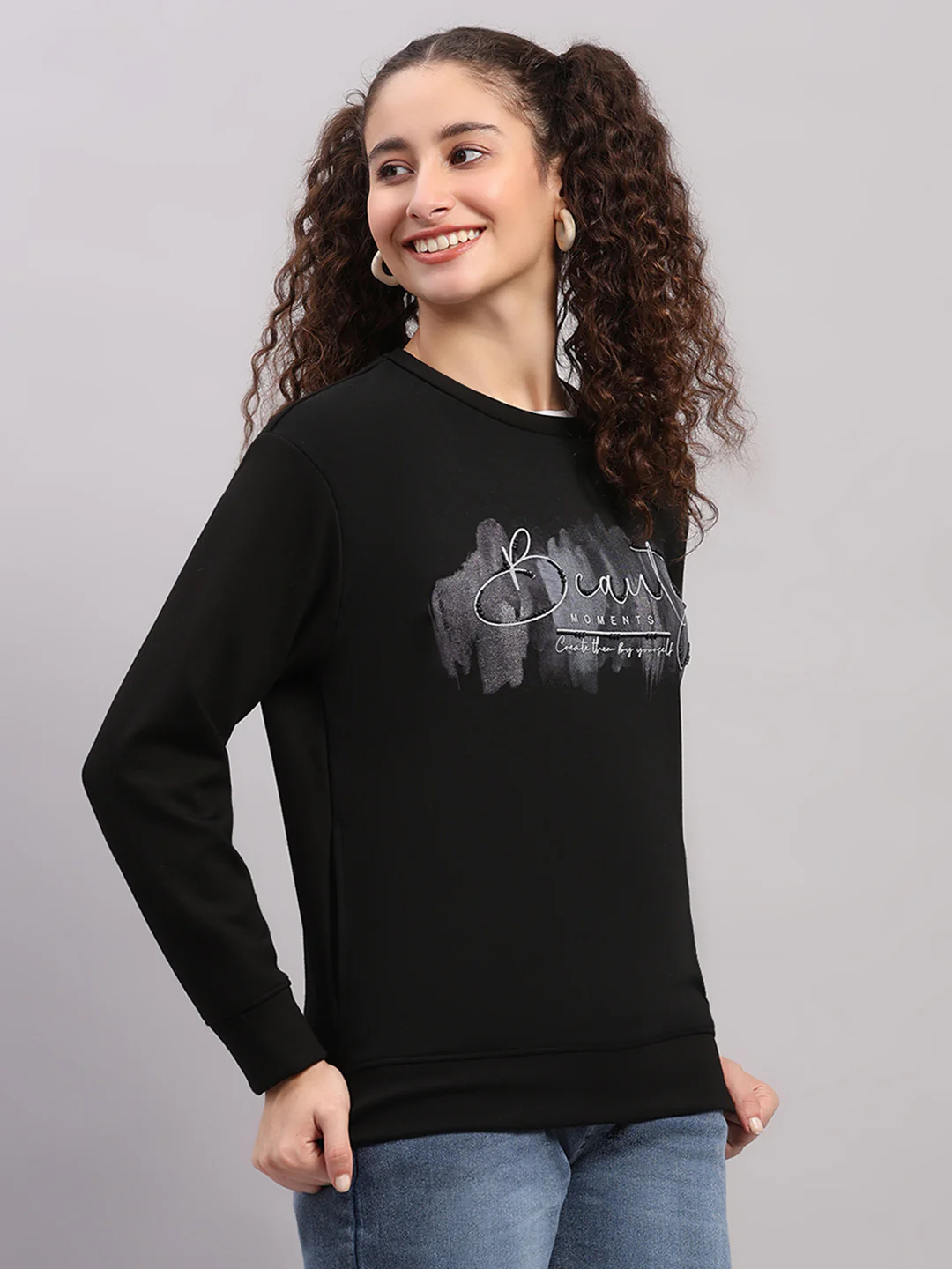 Women Black Printed Round Neck Full Sleeve Sweatshirt - Image 4