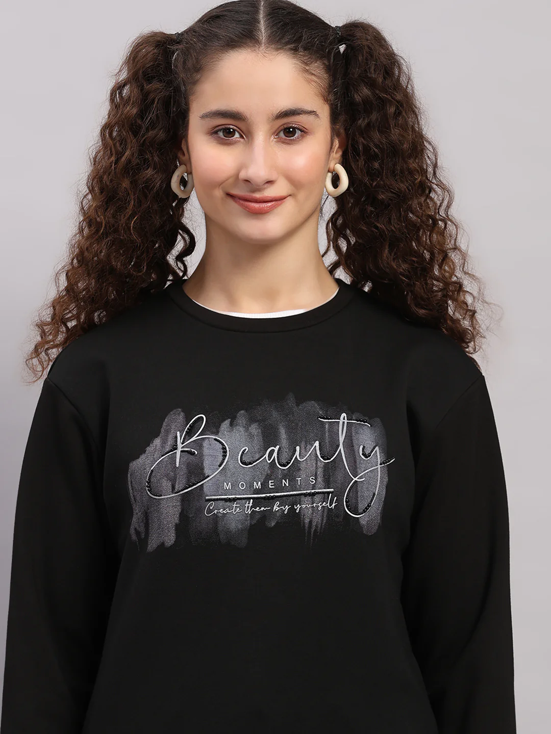 Women Black Printed Round Neck Full Sleeve Sweatshirt - Image 6