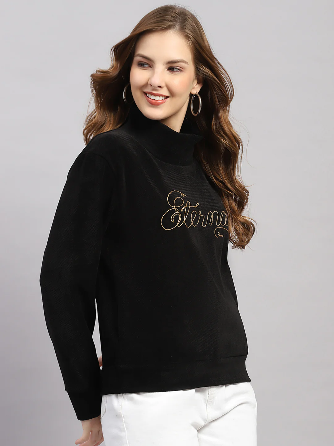 Women Black Printed Round Neck Full Sleeve Sweatshirt - Image 4