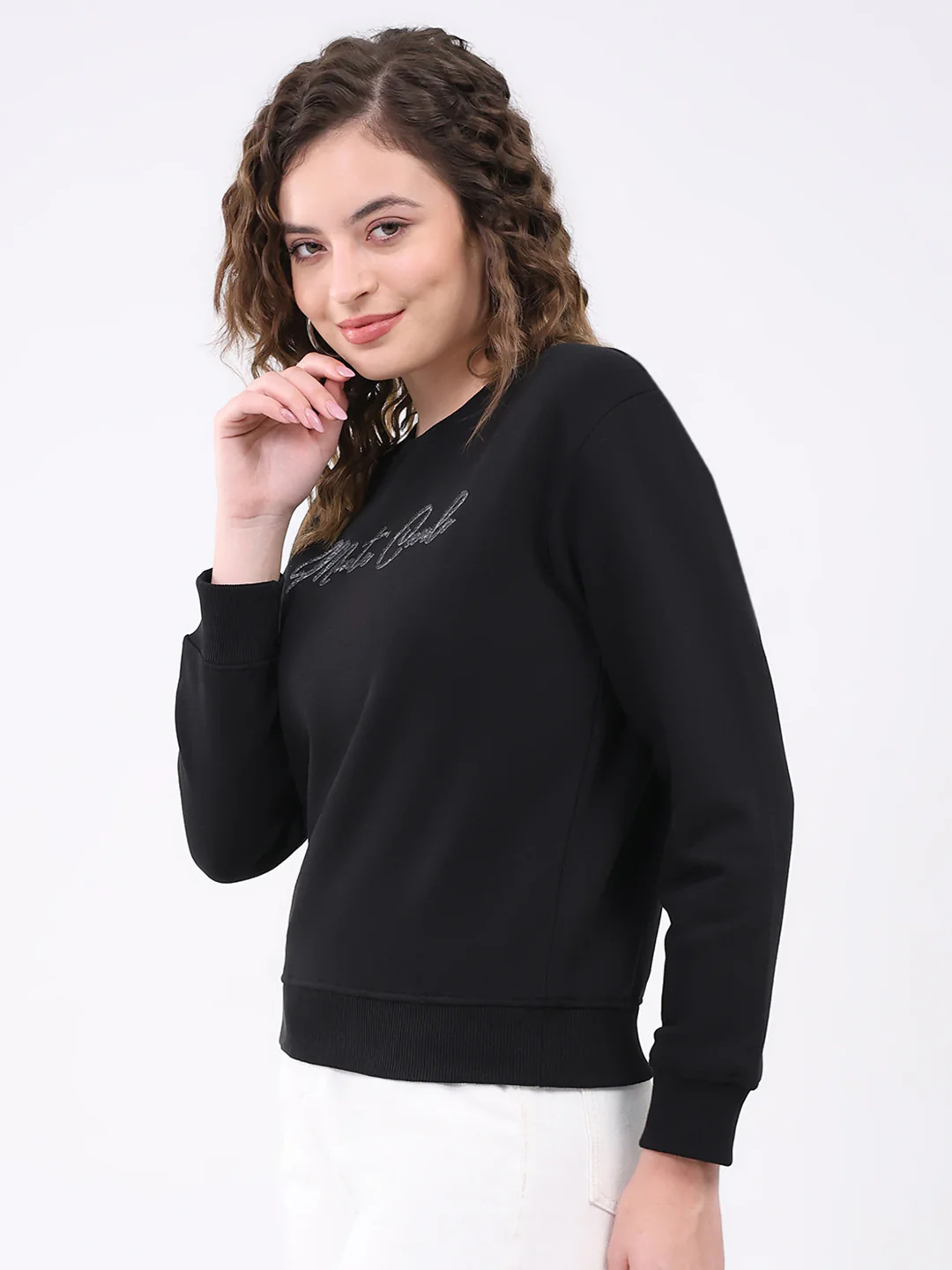 Women Black Printed Round Neck Full Sleeve Sweatshirt - Image 3