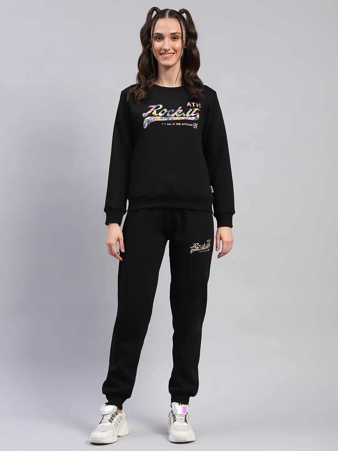 Rock.it Women Black Printed Round Neck Full Sleeve Cords Set
