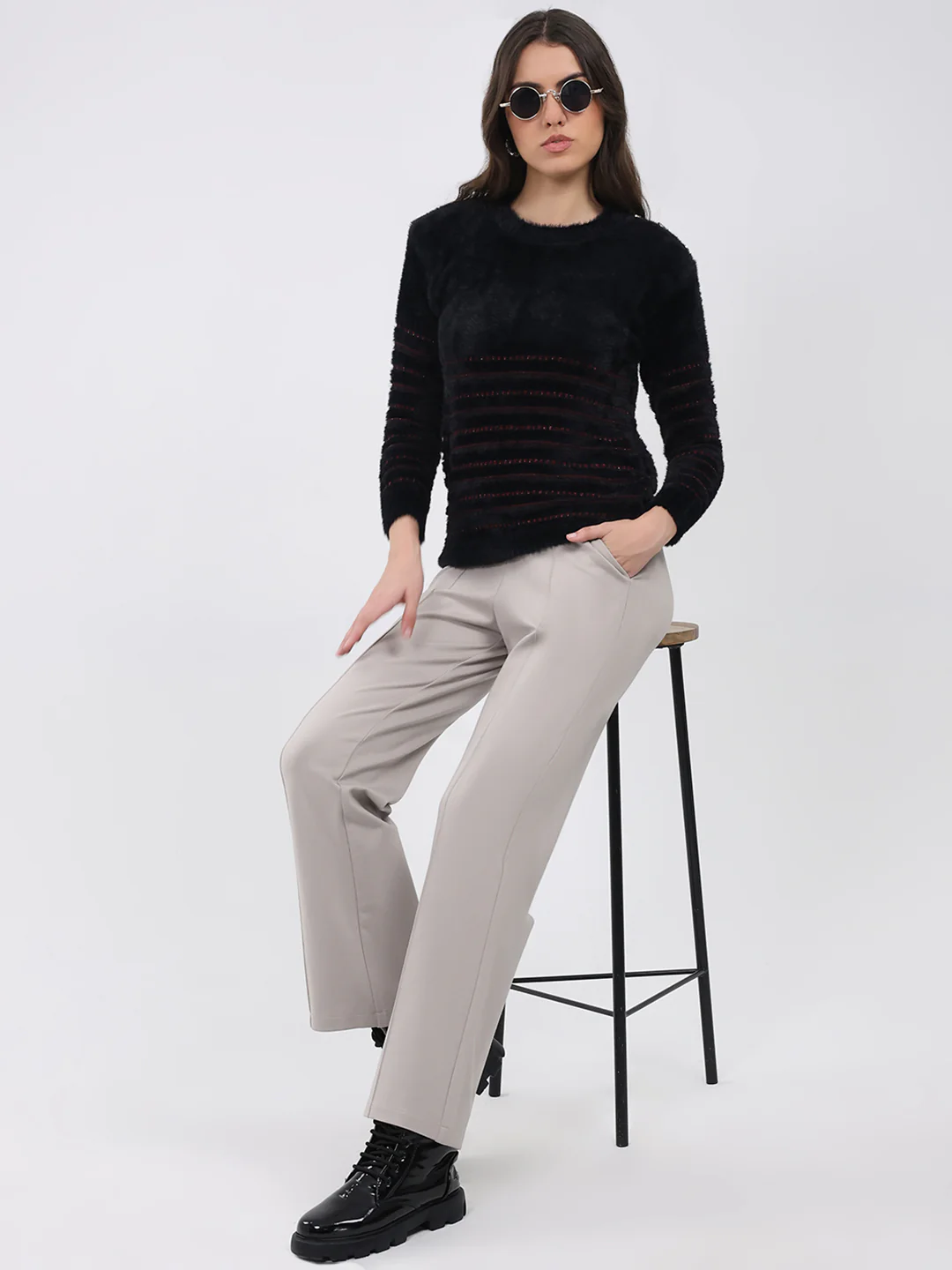 Women Black Printed Round Neck Full Sleeve Winter Top - Image 2