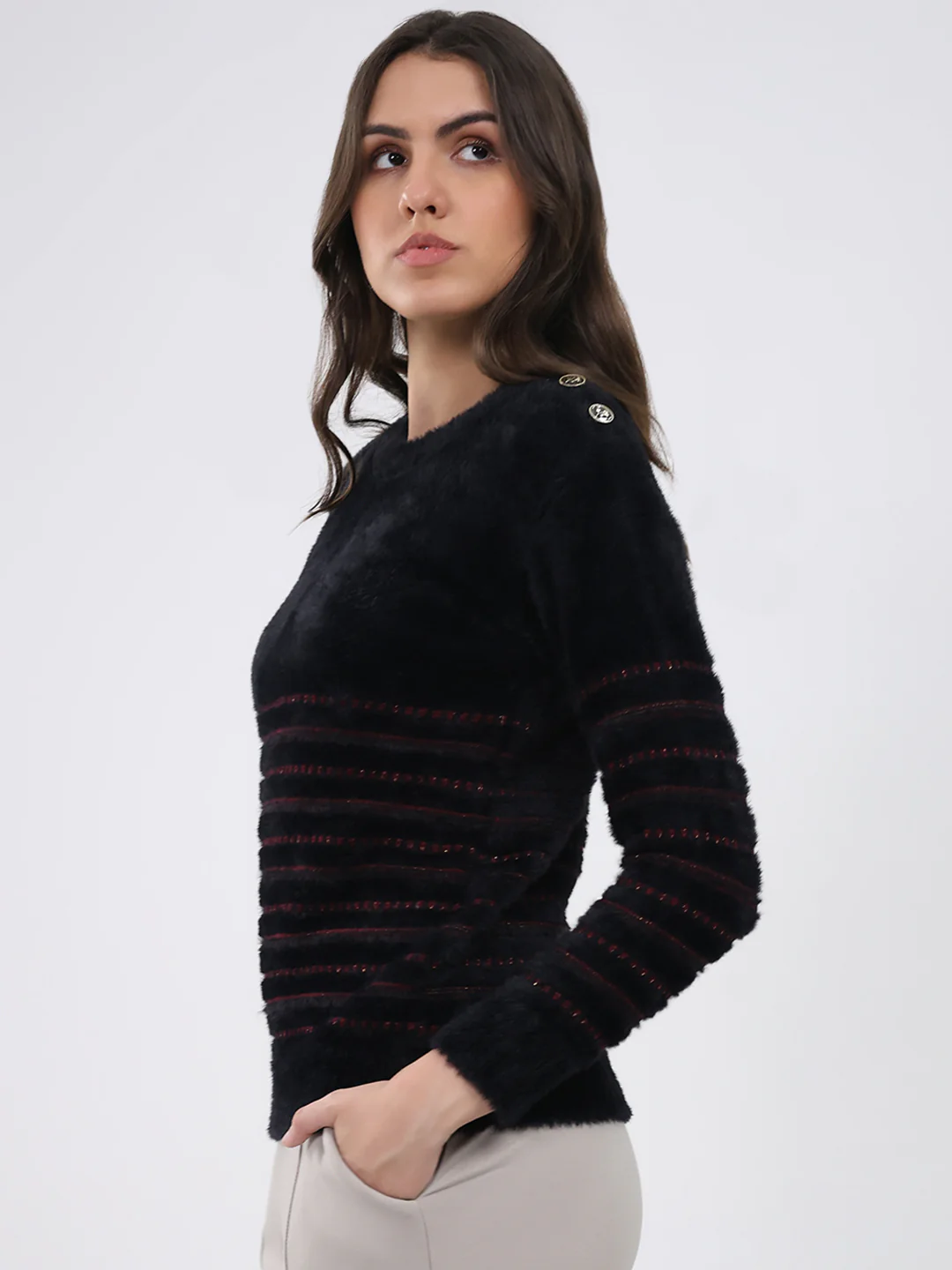 Women Black Printed Round Neck Full Sleeve Winter Top - Image 3