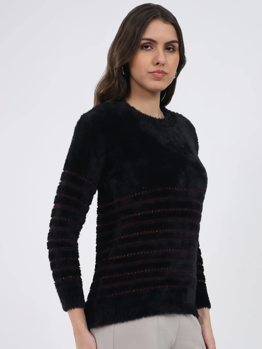 Women Black Printed Round Neck Full Sleeve Winter Top - Image 4