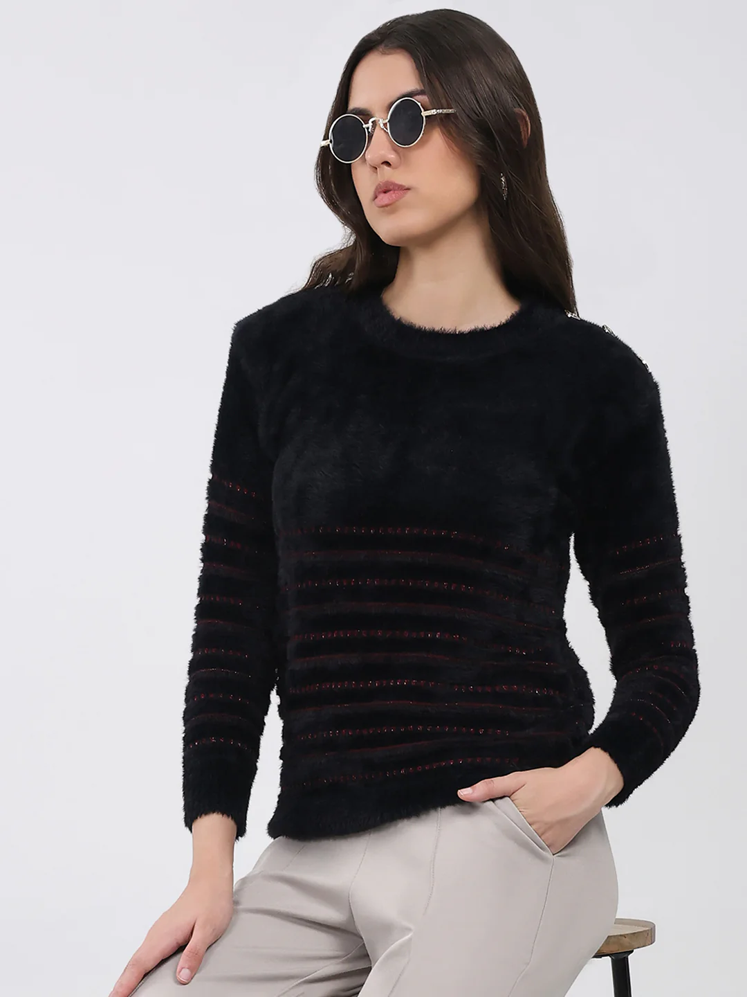 Women Black Printed Round Neck Full Sleeve Winter Top - Image 6