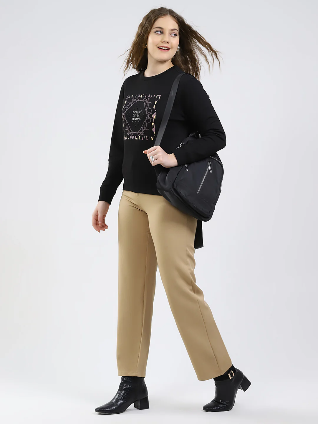 Women Black Printed Round Neck Full Sleeve Winter Top - Image 2
