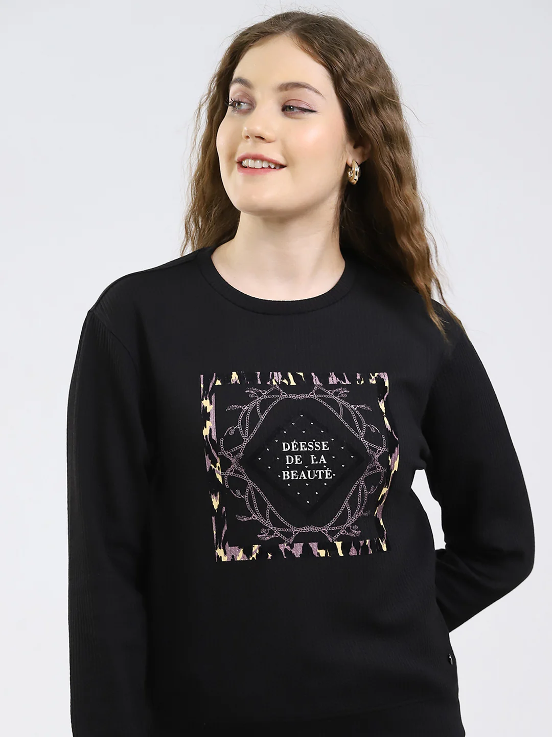 Women Black Printed Round Neck Full Sleeve Winter Top - Image 7