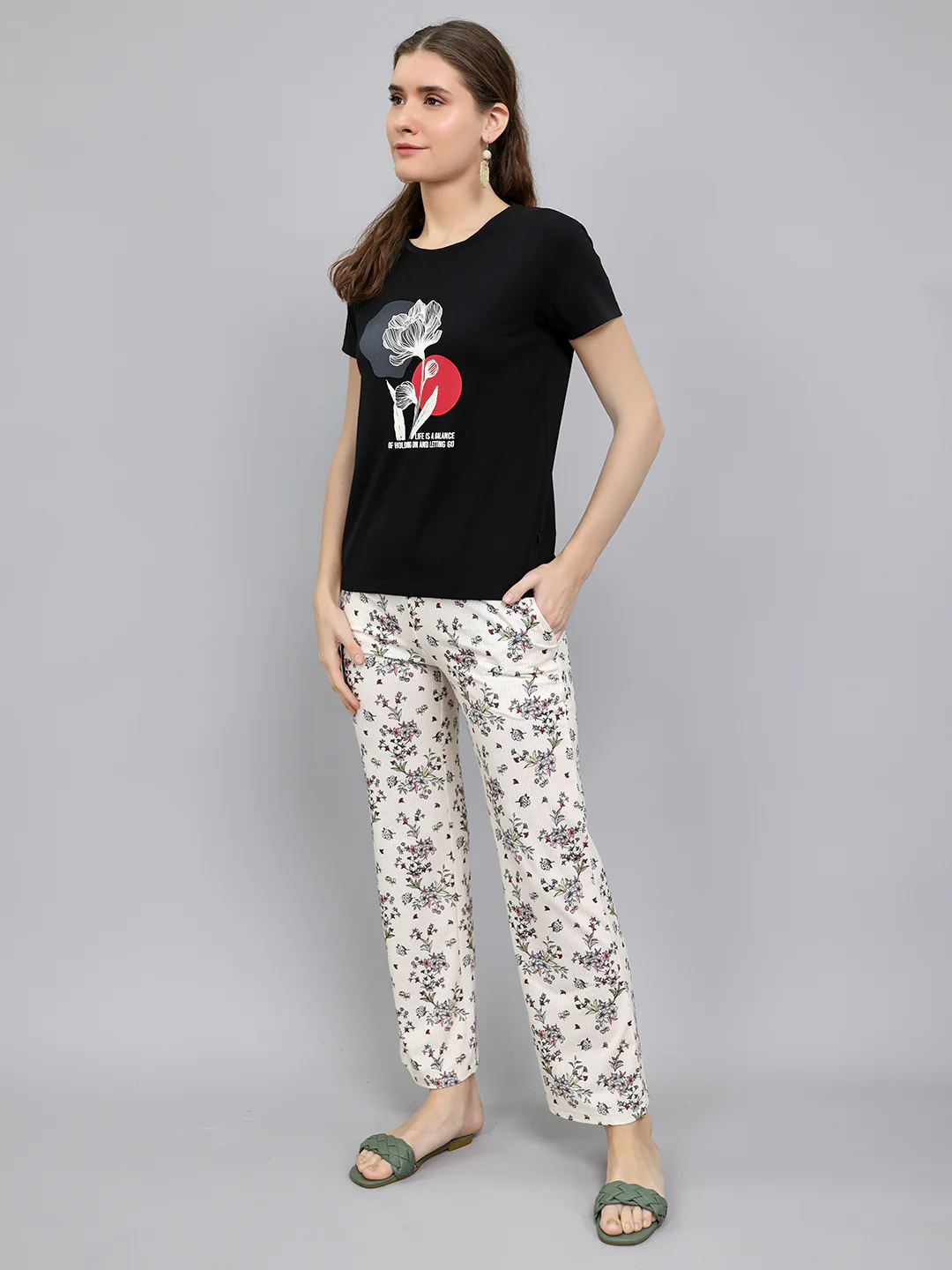 Women Black Printed Round Neck Half Sleeve Lower Set - Image 2