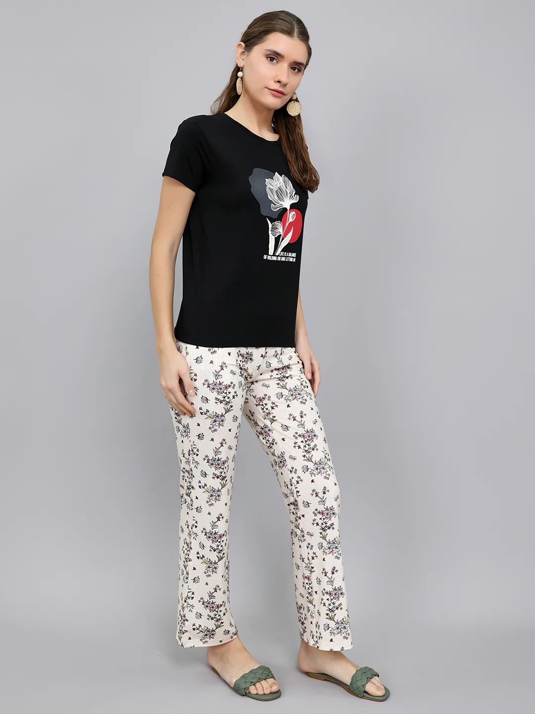 Women Black Printed Round Neck Half Sleeve Lower Set - Image 3