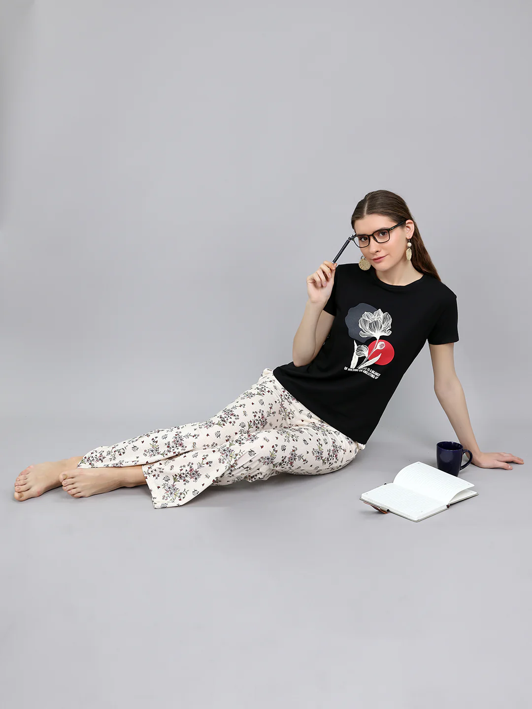 Women Black Printed Round Neck Half Sleeve Lower Set - Image 6