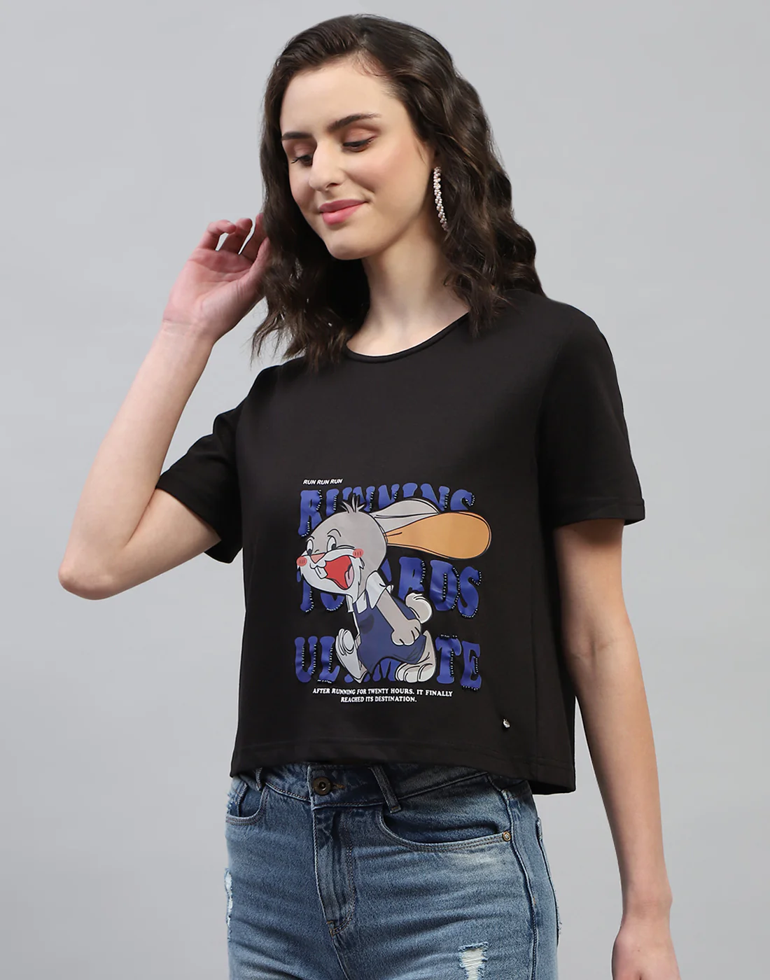 Women Black Printed Round Neck Half Sleeve Top - Image 4