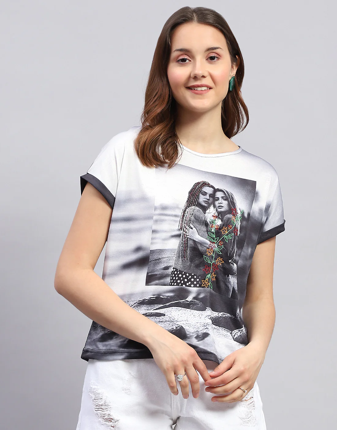 Women Black Printed Round Neck Half Sleeve Top - Image 3