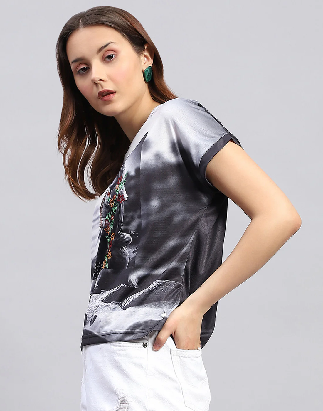 Women Black Printed Round Neck Half Sleeve Top - Image 4