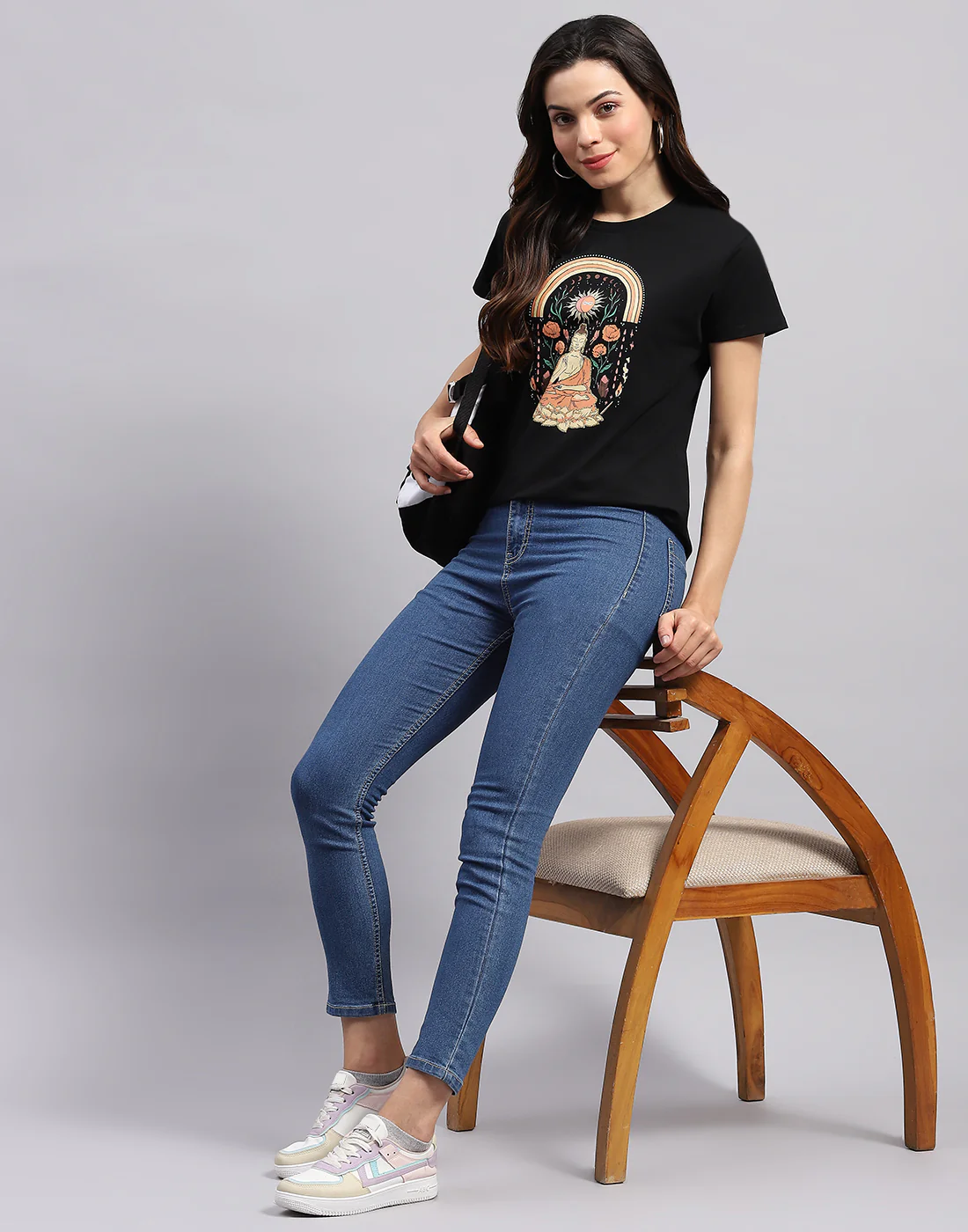 Women Black Printed Round Neck Half Sleeve Top - Image 2