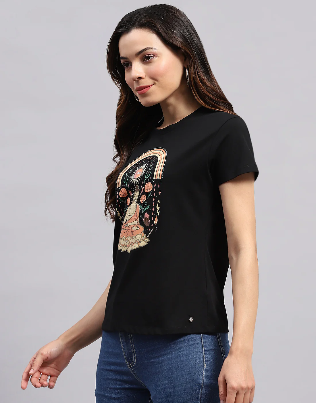 Women Black Printed Round Neck Half Sleeve Top - Image 4