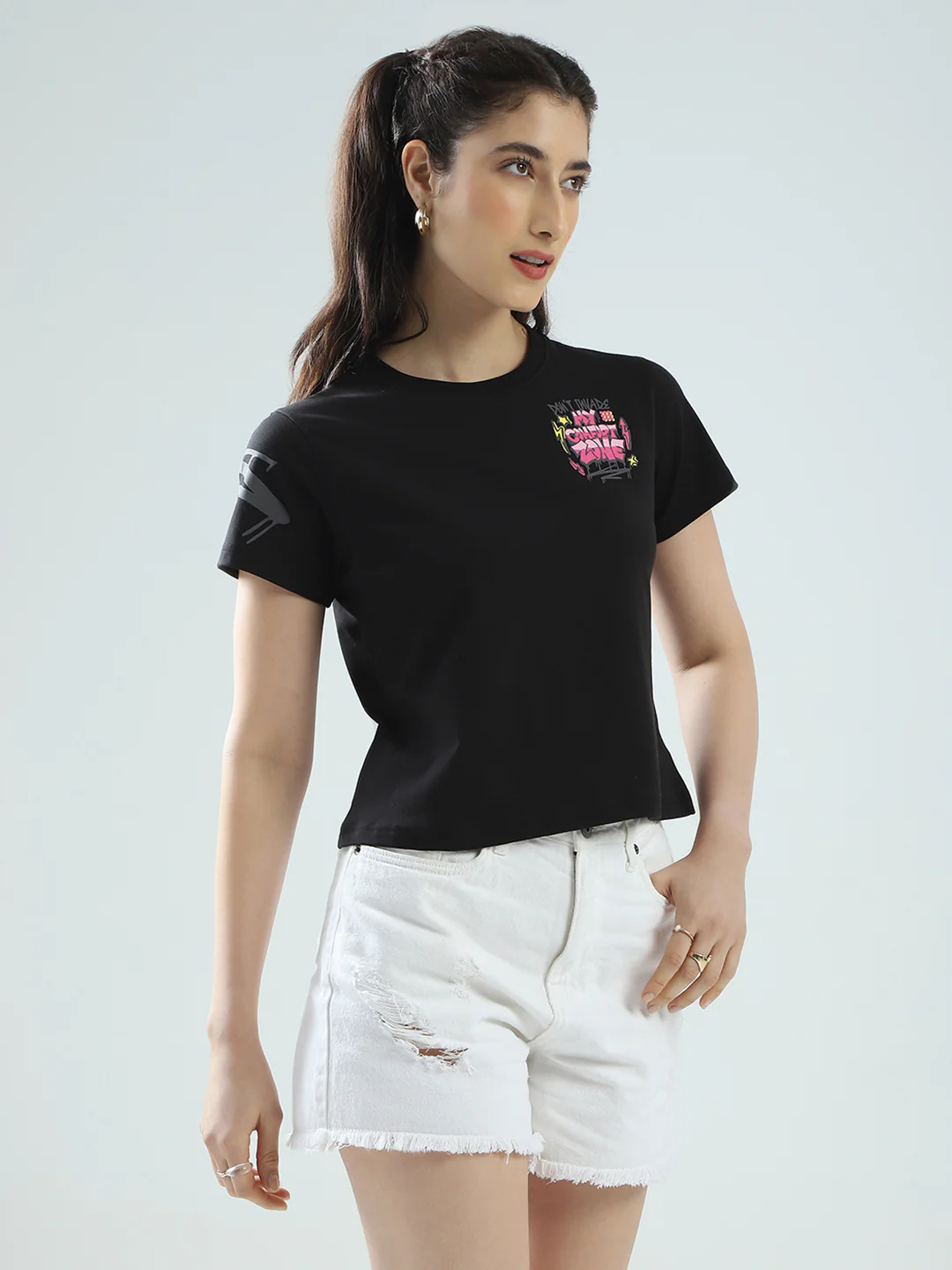 Rock.it Women Black Printed Round Neck Half Sleeve Top - Image 5