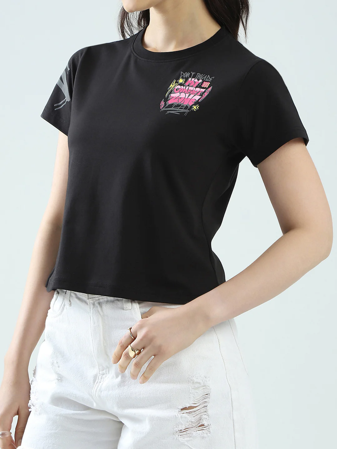 Rock.it Women Black Printed Round Neck Half Sleeve Top - Image 6