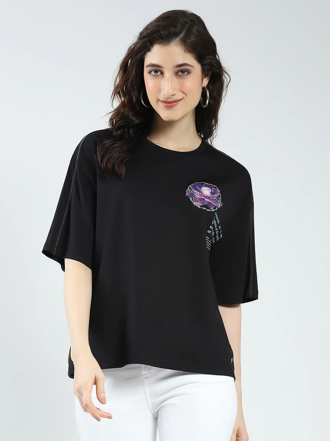 Women Black Printed Round Neck Half Sleeve Top - Image 2