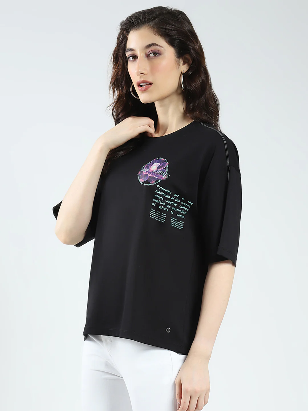 Women Black Printed Round Neck Half Sleeve Top - Image 4