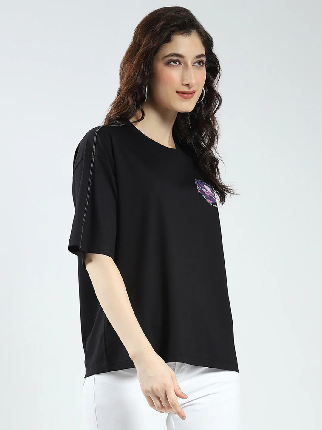 Women Black Printed Round Neck Half Sleeve Top - Image 5