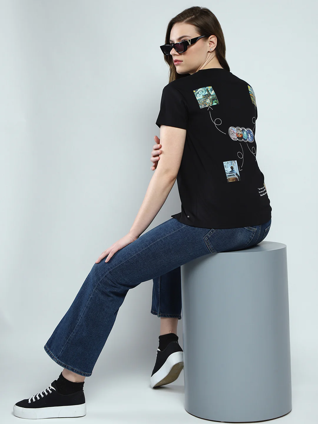 Women Black Printed Round Neck Half Sleeve Top - Image 2