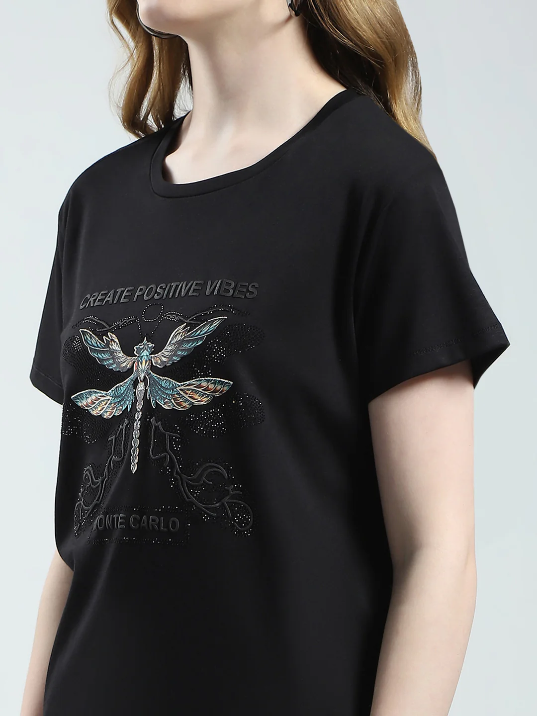 Women Black Printed Round Neck Half Sleeve Top - Image 7