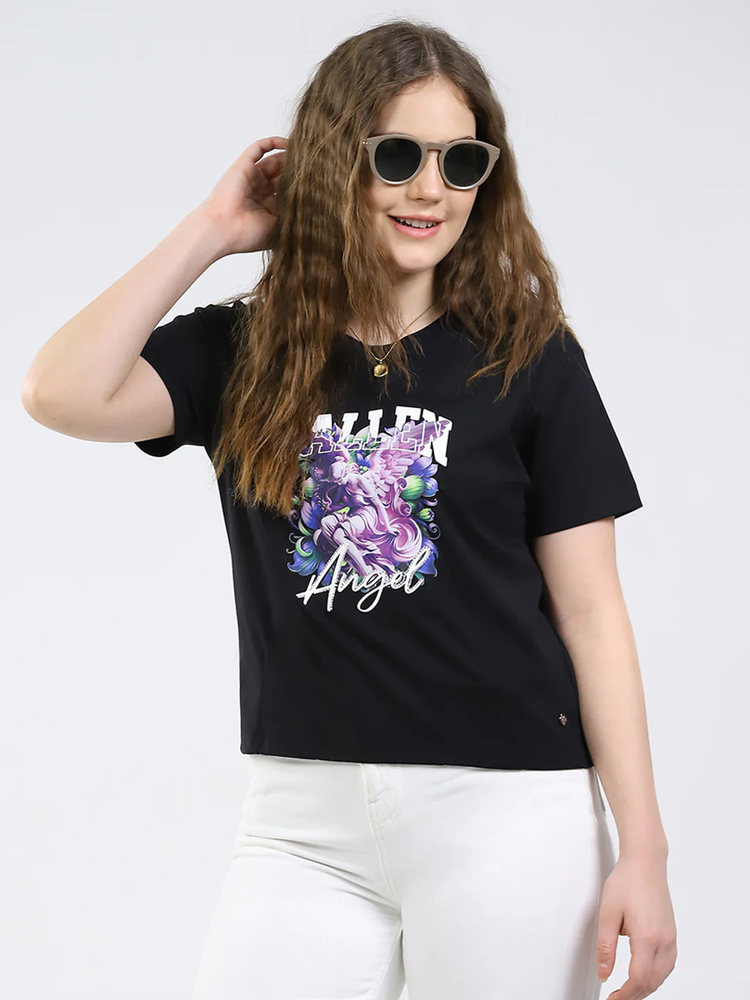 Women Black Printed Round Neck Half Sleeve Top - Image 6