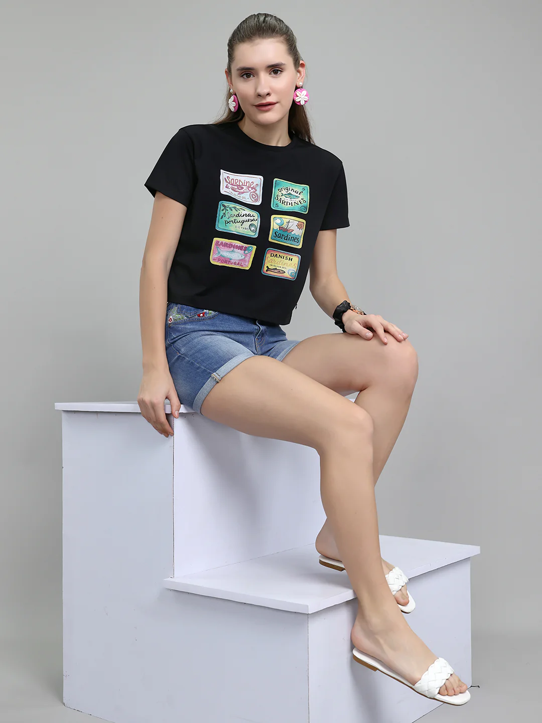 Women Black Printed Round Neck Half Sleeve Top - Image 6